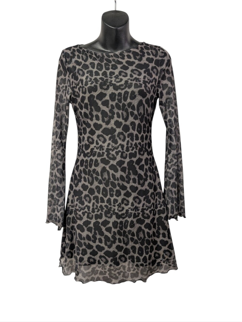Milumia Women XS Gray Black Leopard Mesh Mini Dress Long Sleeve Ruffle Sheer NWT